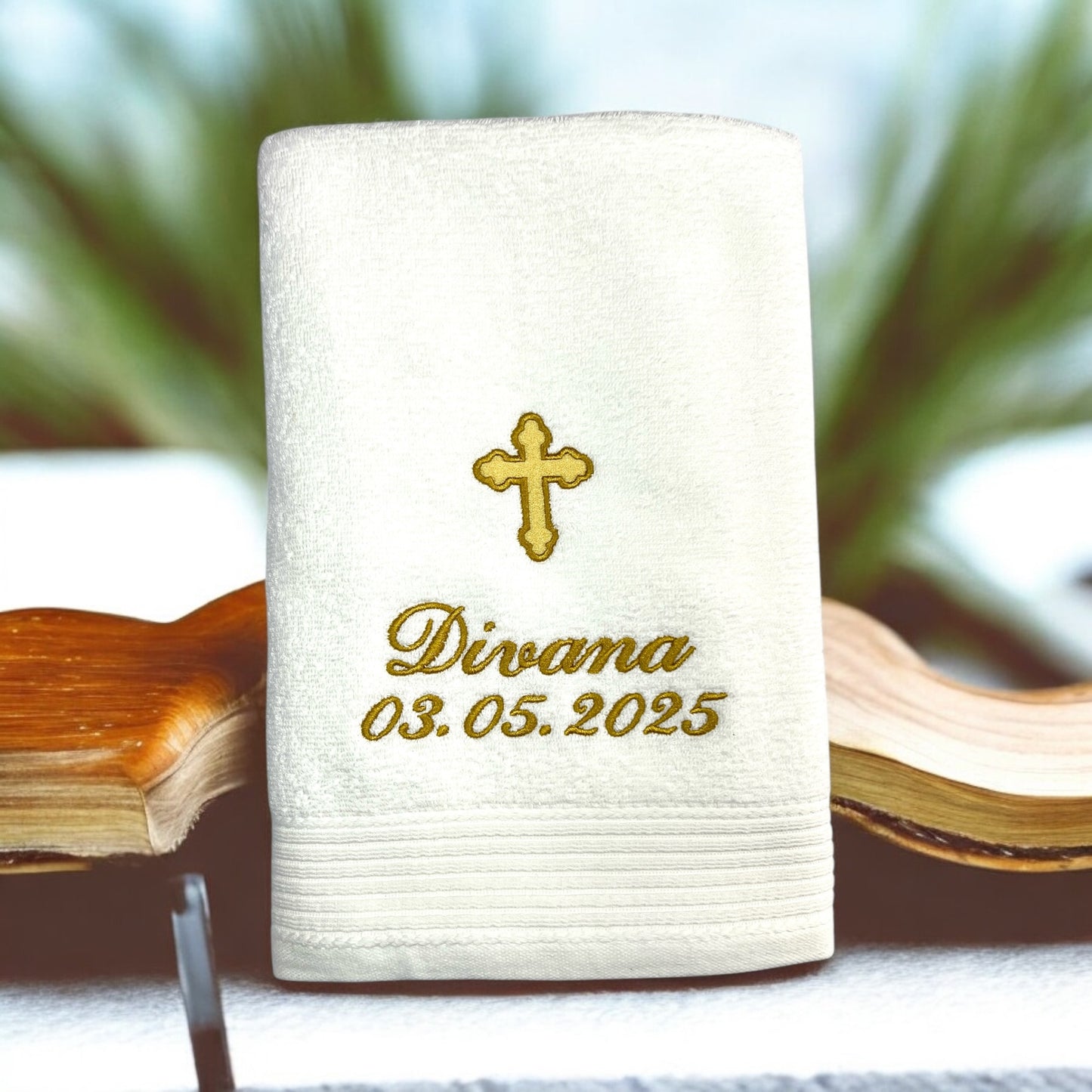 Kreuz Handtuch mit Name und Datum, Sauna, Wellness, Duschtuch, Taufe