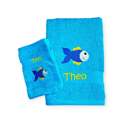 Fisch Handtuch und Waschlappen Set mit Name, Kinderhandtuch, Geschenk