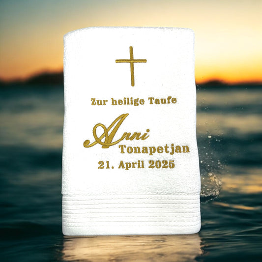 Kreuz Handtuch mit Name und Datum, Sauna, Wellness, Duschtuch, Heilige Taufe