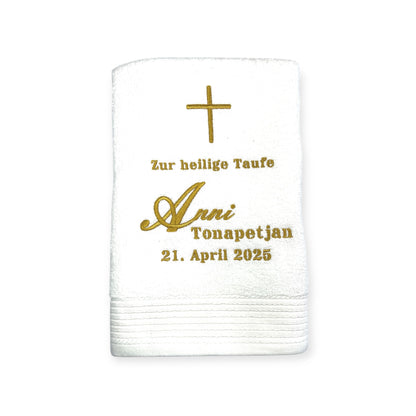 Kreuz Handtuch mit Name und Datum, Sauna, Wellness, Duschtuch, Heilige Taufe