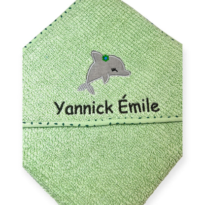 Kapuzenhandtuch mit Delfin und Name bestickt, Biobaumwolle, 100x100 cm, verschiedene Farben