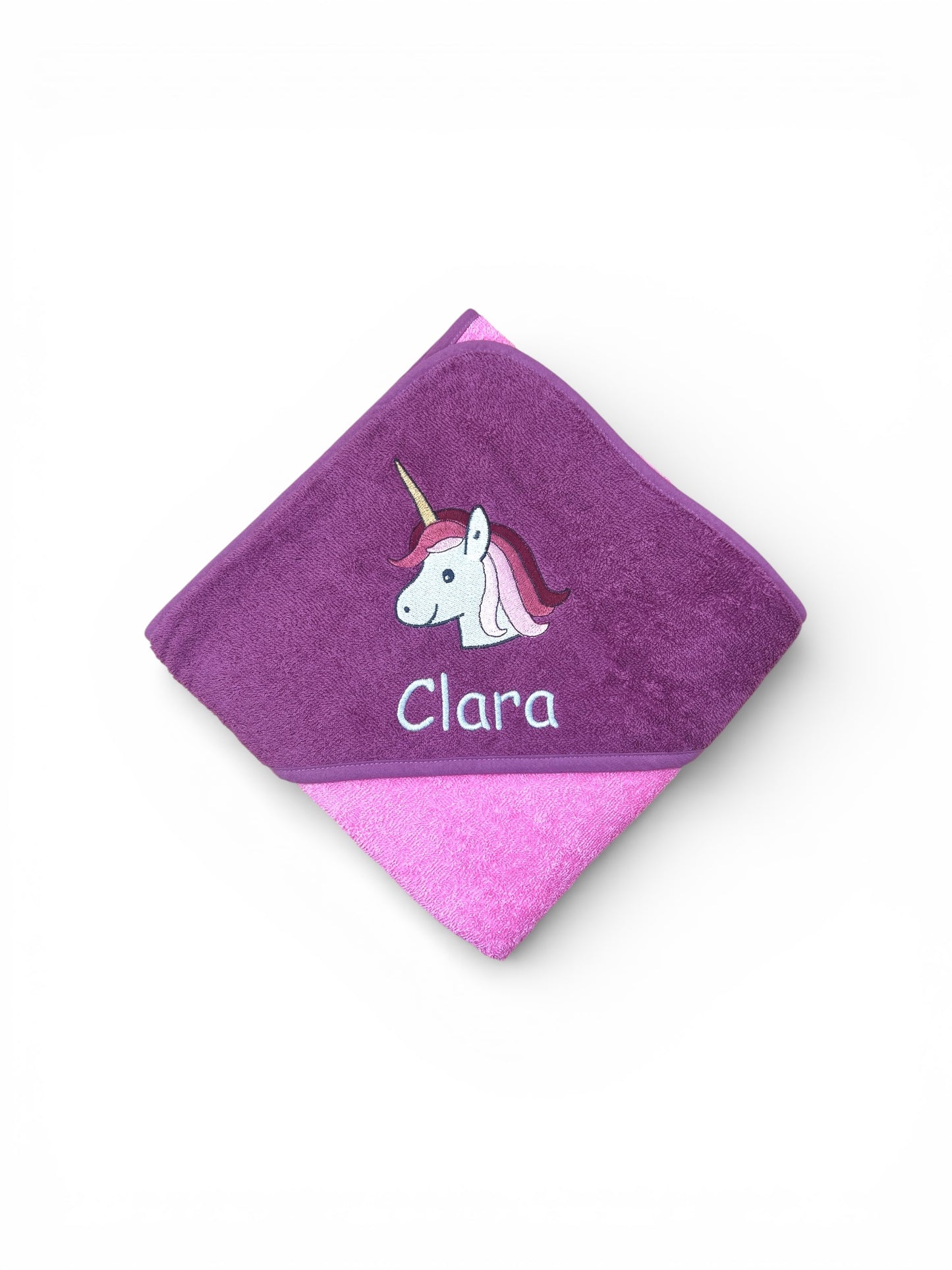 Pinkes Kapuzenhandtuch mit Name und Einhorn-Motiv bestickt 100x100 cm, Baby Geschenk