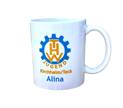 Personalisierte THW-Jugend Tasse mit Name - auf Wunsch mit Silhouette der Burg Teck