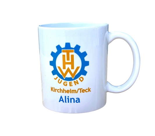 Personalisierte THW-Jugend Tasse mit Name - auf Wunsch mit Silhouette der Burg Teck