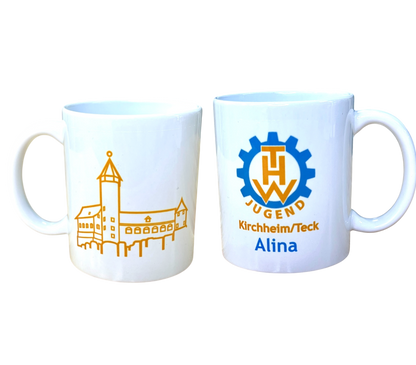 Personalisierte THW-Jugend Tasse mit Name - auf Wunsch mit Silhouette der Burg Teck