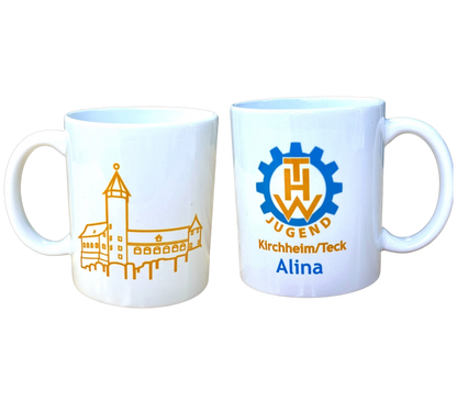 Personalisierte THW-Jugend Tasse mit Name - auf Wunsch mit Silhouette der Burg Teck
