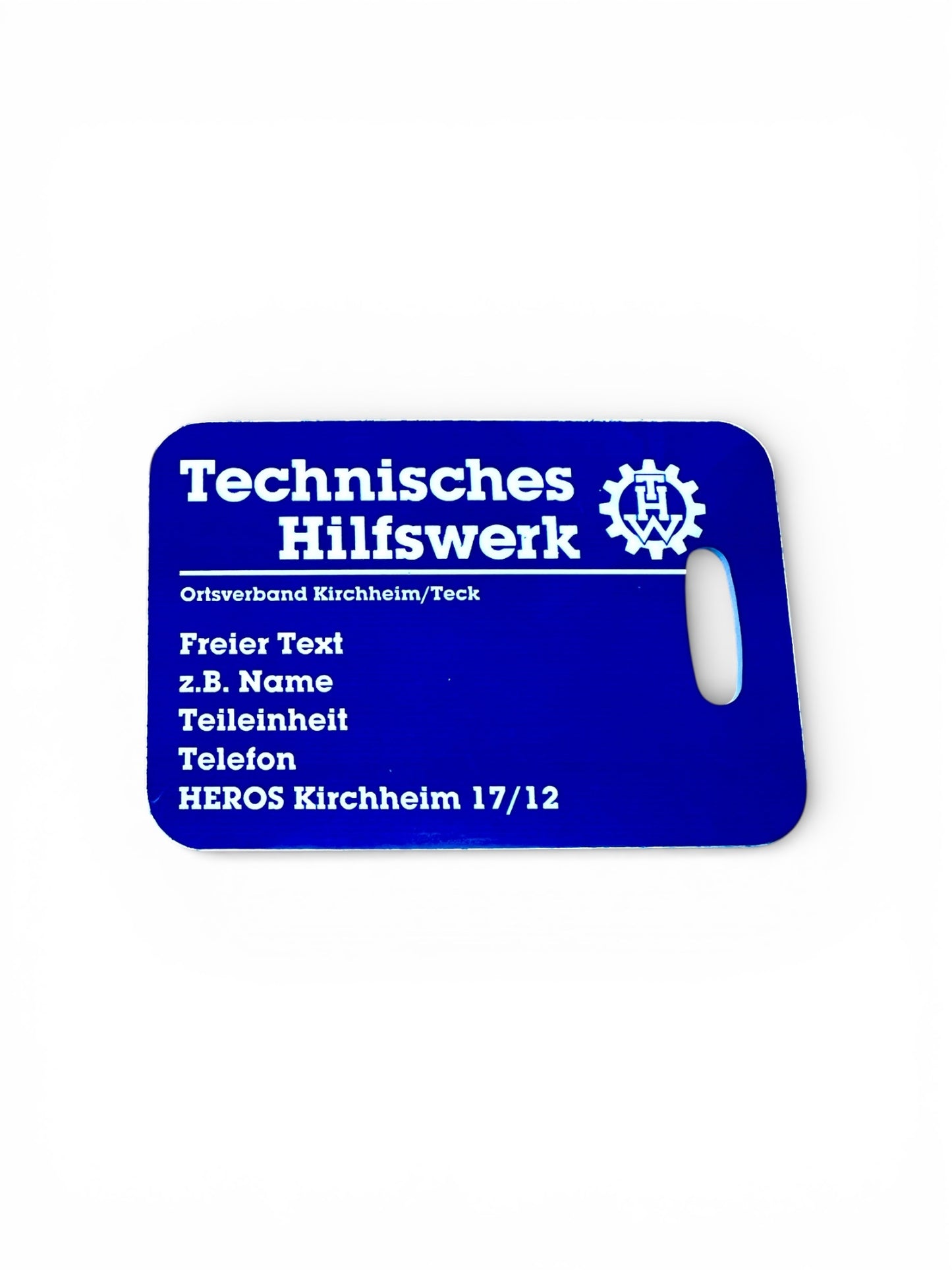 Personalisierter Kofferanhänger im THW-Design, 44 x 88 mm – individuell bedruckt mit Ortsverband und Wunschtext