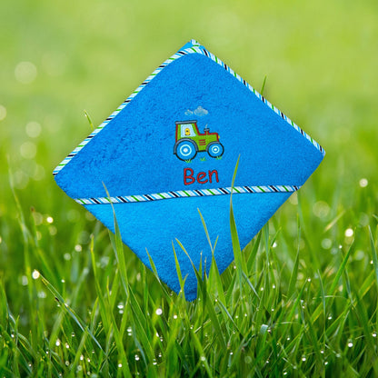 Traktor Kapuzenhandtuch mit Name bestickt, schönes Geschenk zur Geburt