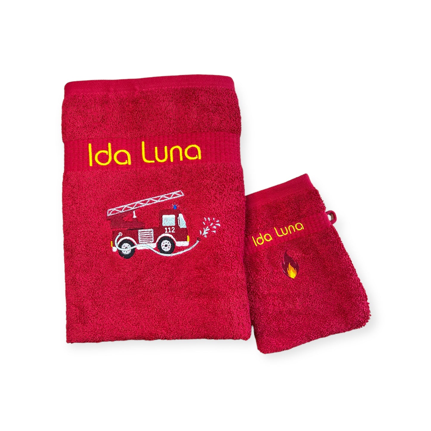 Feuerwehr Handtuch Set mit Name Handtücher Waschlappen 50x100 cm Geschenk Kinder