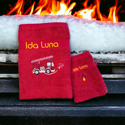 Feuerwehr Handtuch Set mit Name Handtücher Waschlappen 50x100 cm Geschenk Kinder