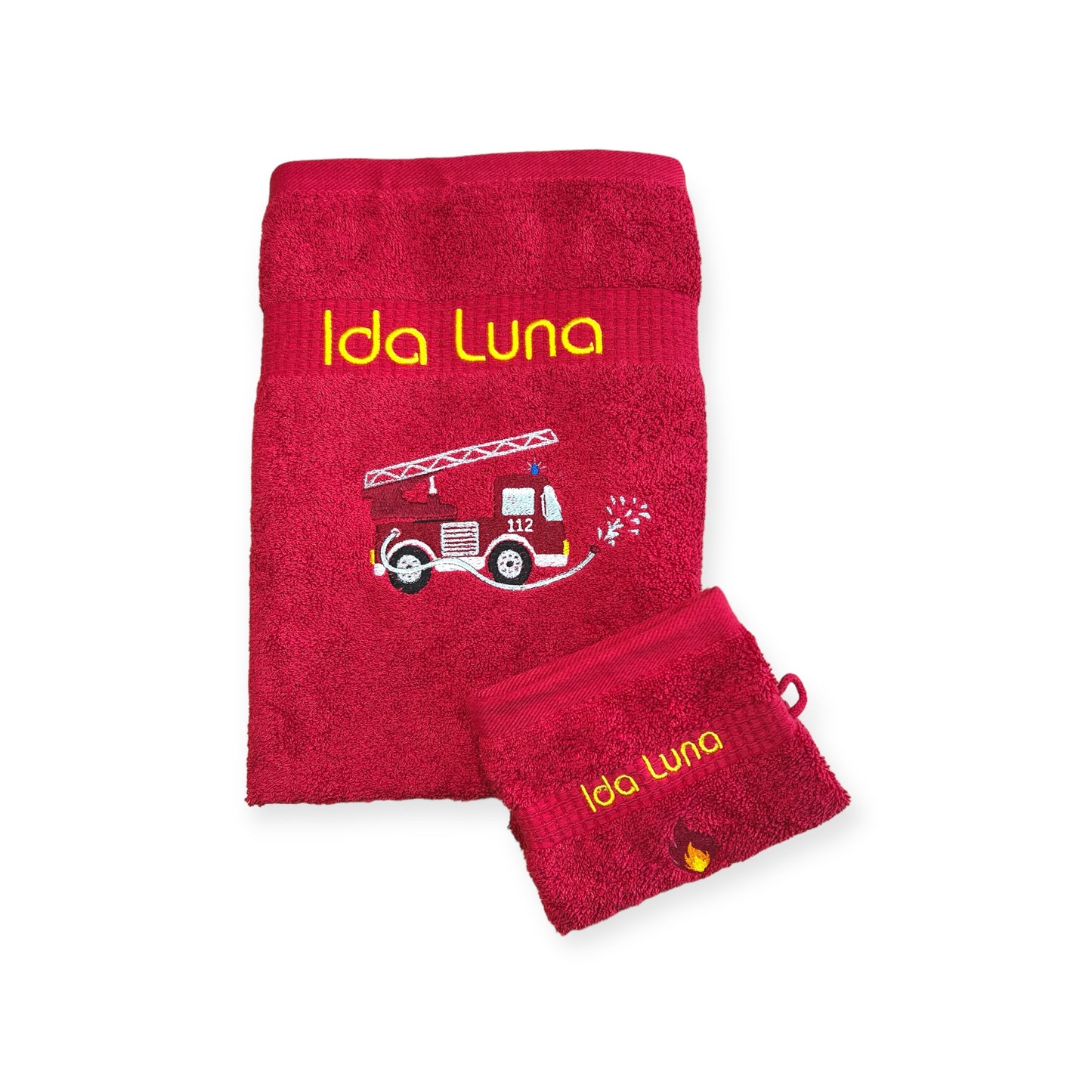 Feuerwehr Handtuch Set mit Name Handtücher Waschlappen 50x100 cm Geschenk Kinder