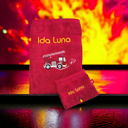 Feuerwehr Handtuch Set mit Name Handtücher Waschlappen 50x100 cm Geschenk Kinder