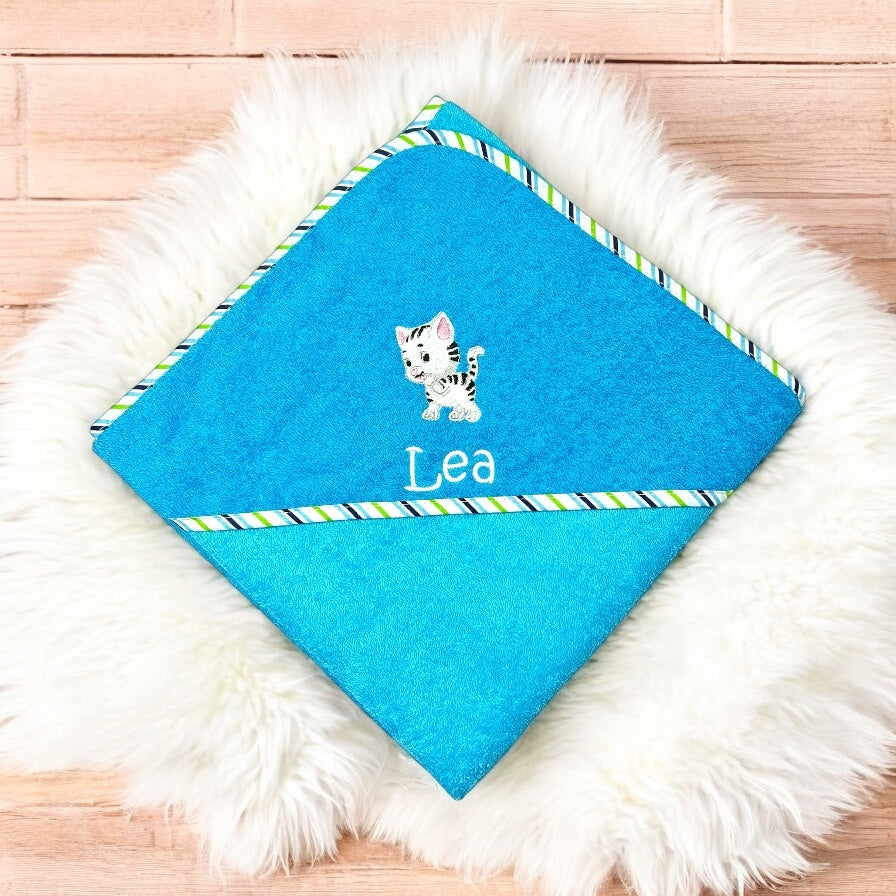 Katzen Kapuzenhandtuch mit Name schönes Geschenk für's Baby oder Kleinkind baden