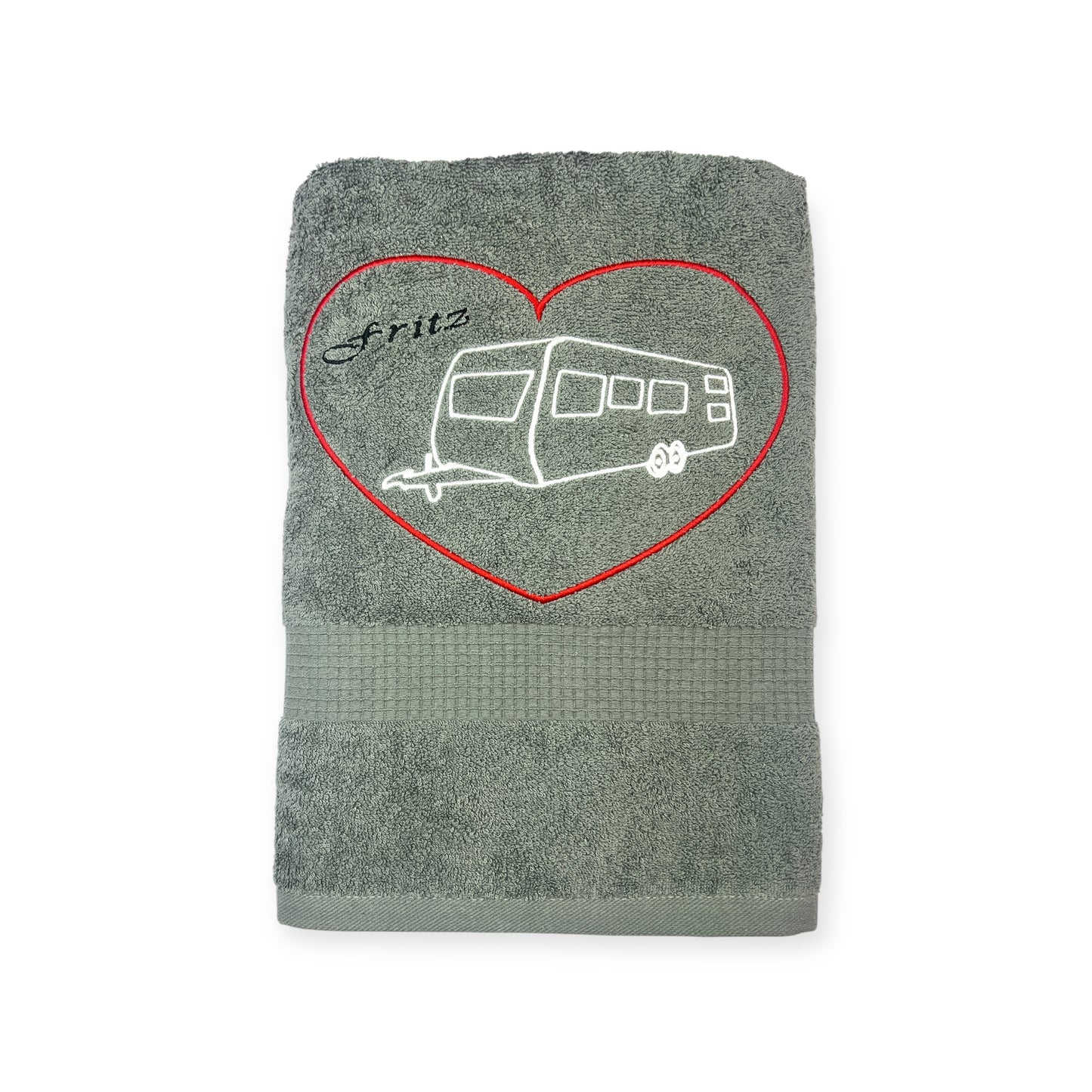 Wohnwagen mit Herz Handtuch mit Name bestickt, Duschtuch, Urlaub, Strand