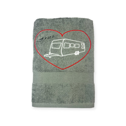 Wohnwagen mit Herz Handtuch mit Name bestickt, Duschtuch, Urlaub, Strand