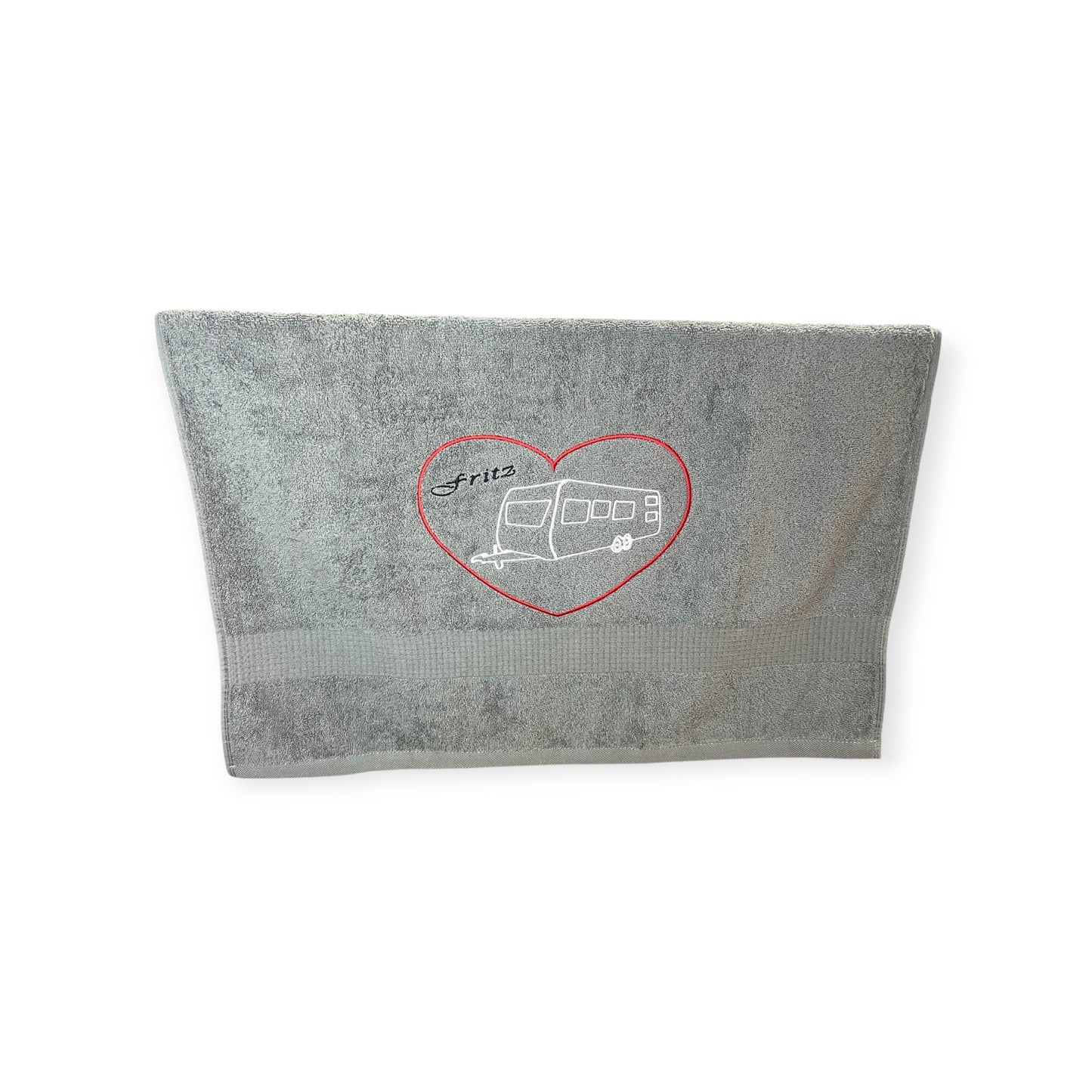 Wohnwagen mit Herz Handtuch mit Name bestickt, Duschtuch, Urlaub, Strand