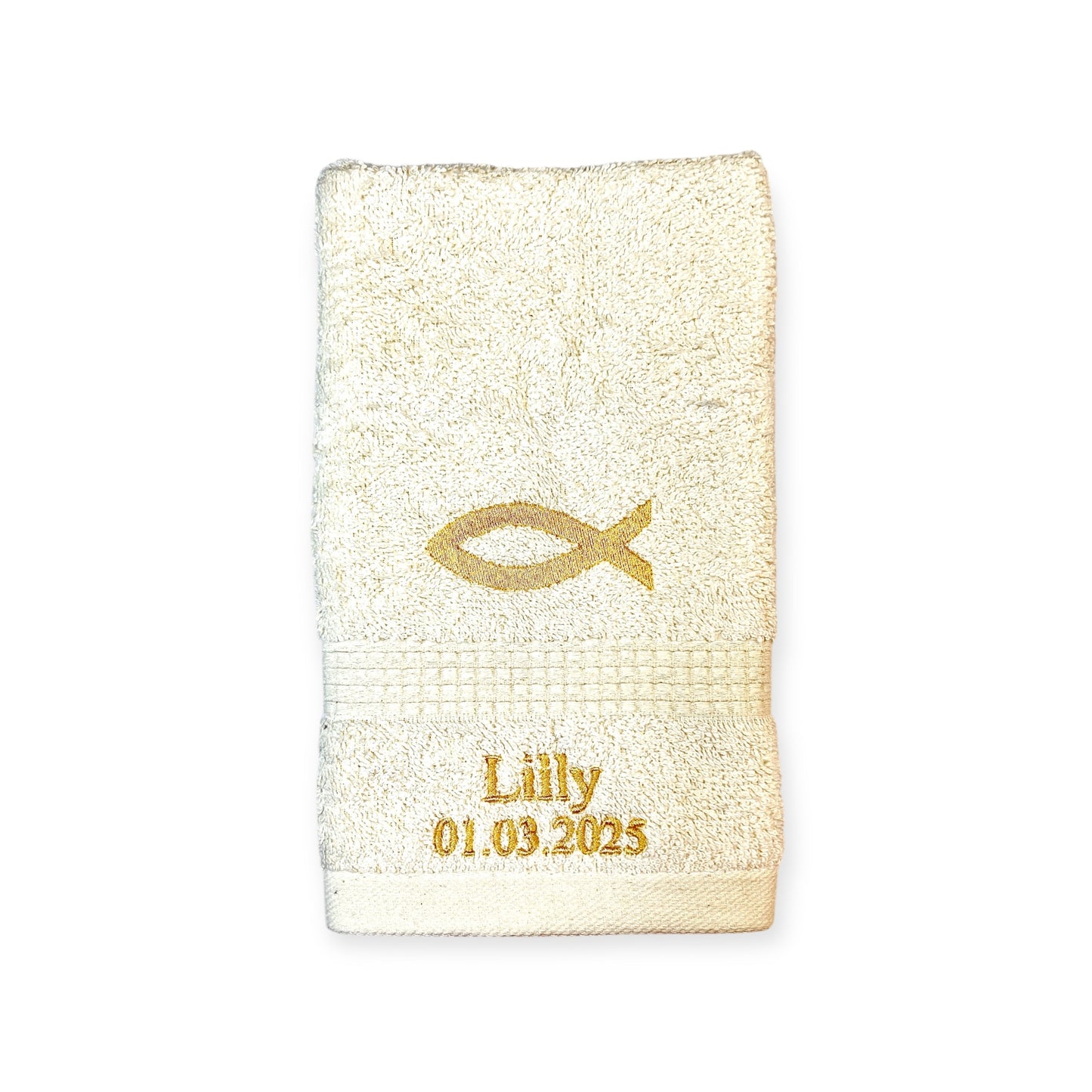 Fisch Ichthys Handtuch mit Name und Datum, Sauna, Wellness, Duschtuch, Taufe
