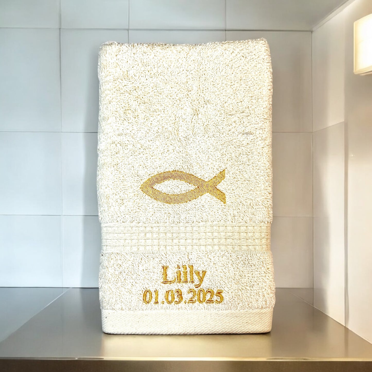 Fisch Ichthys Handtuch mit Name und Datum, Sauna, Wellness, Duschtuch, Taufe