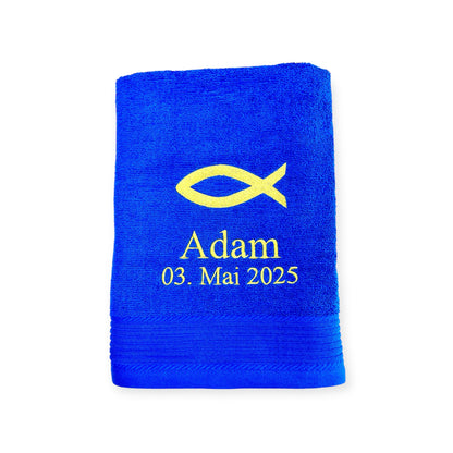 Fisch Ichthys Handtuch mit Name und Datum, Sauna, Wellness, Duschtuch, Taufe
