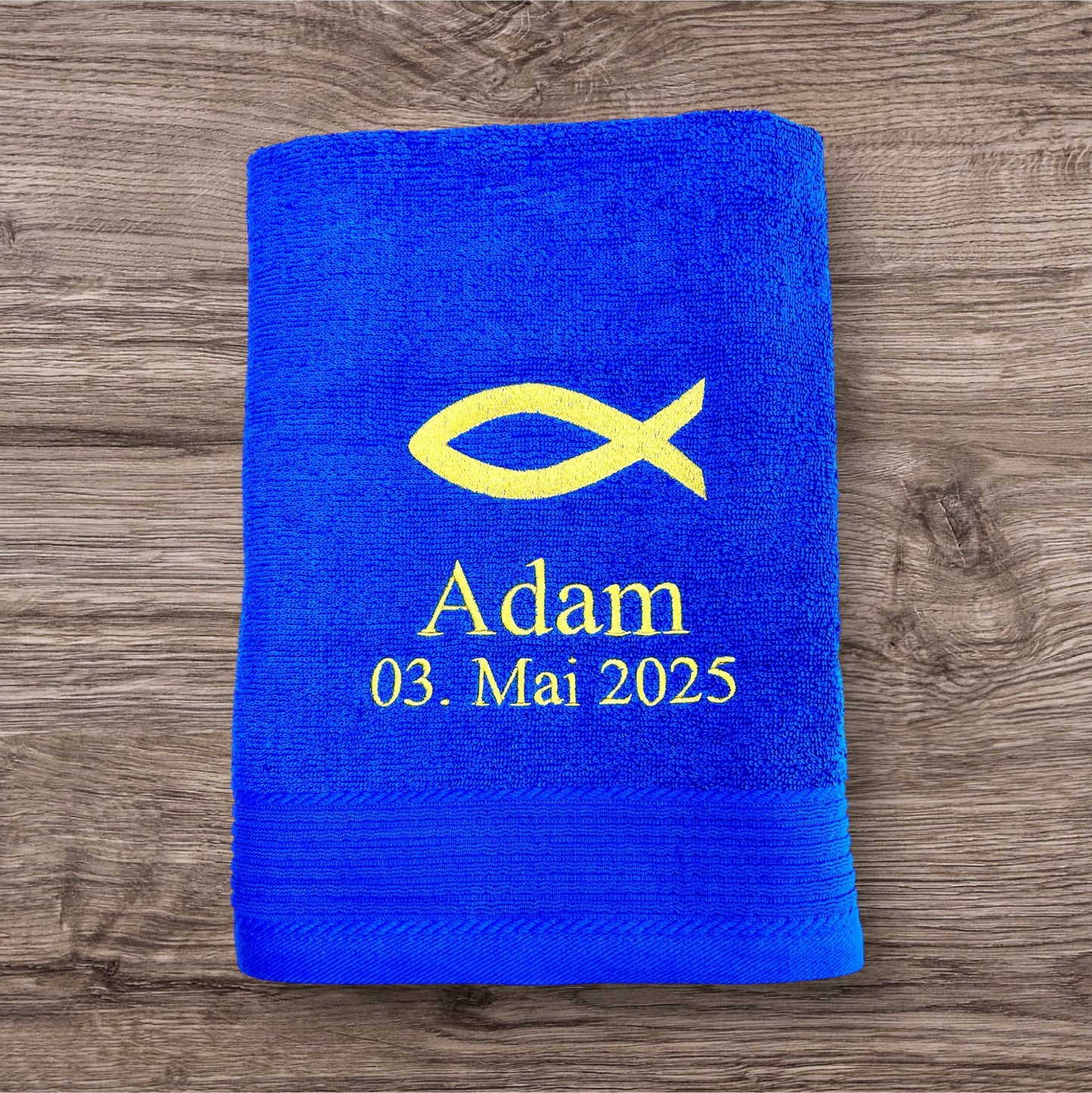 Fisch Ichthys Handtuch mit Name und Datum, Sauna, Wellness, Duschtuch, Taufe