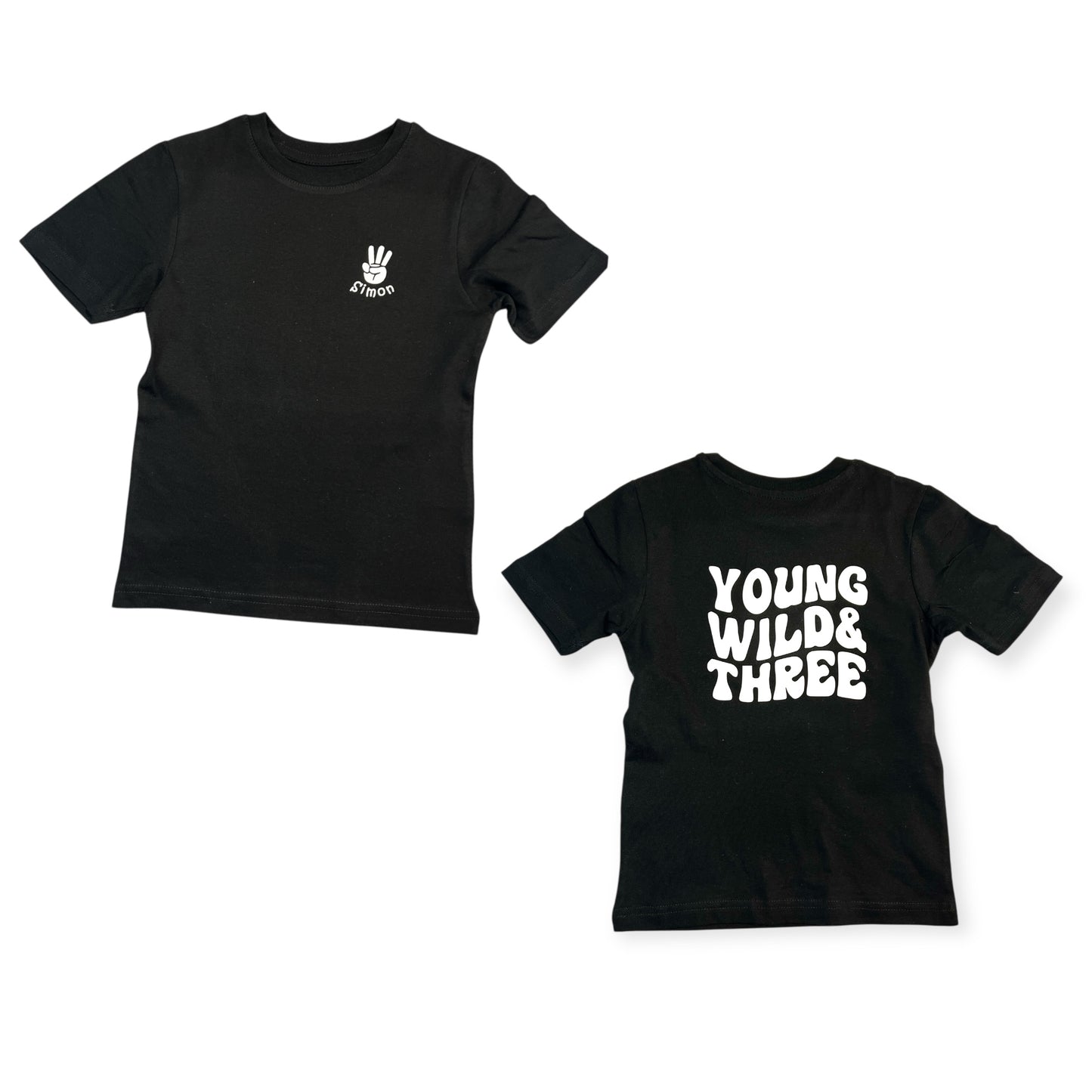 Young wild & three T-Shirt zum 3. Geburtstag mit Name personalisiert, schwarz