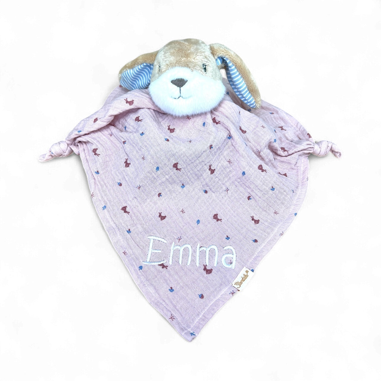 Personalisiertes Schmusetuch Hase Hanni 36 cm – süße Kuschelfreundin - Supersoftes Musselin Schnuffeltuch mit Knotendetails, Sterntaler