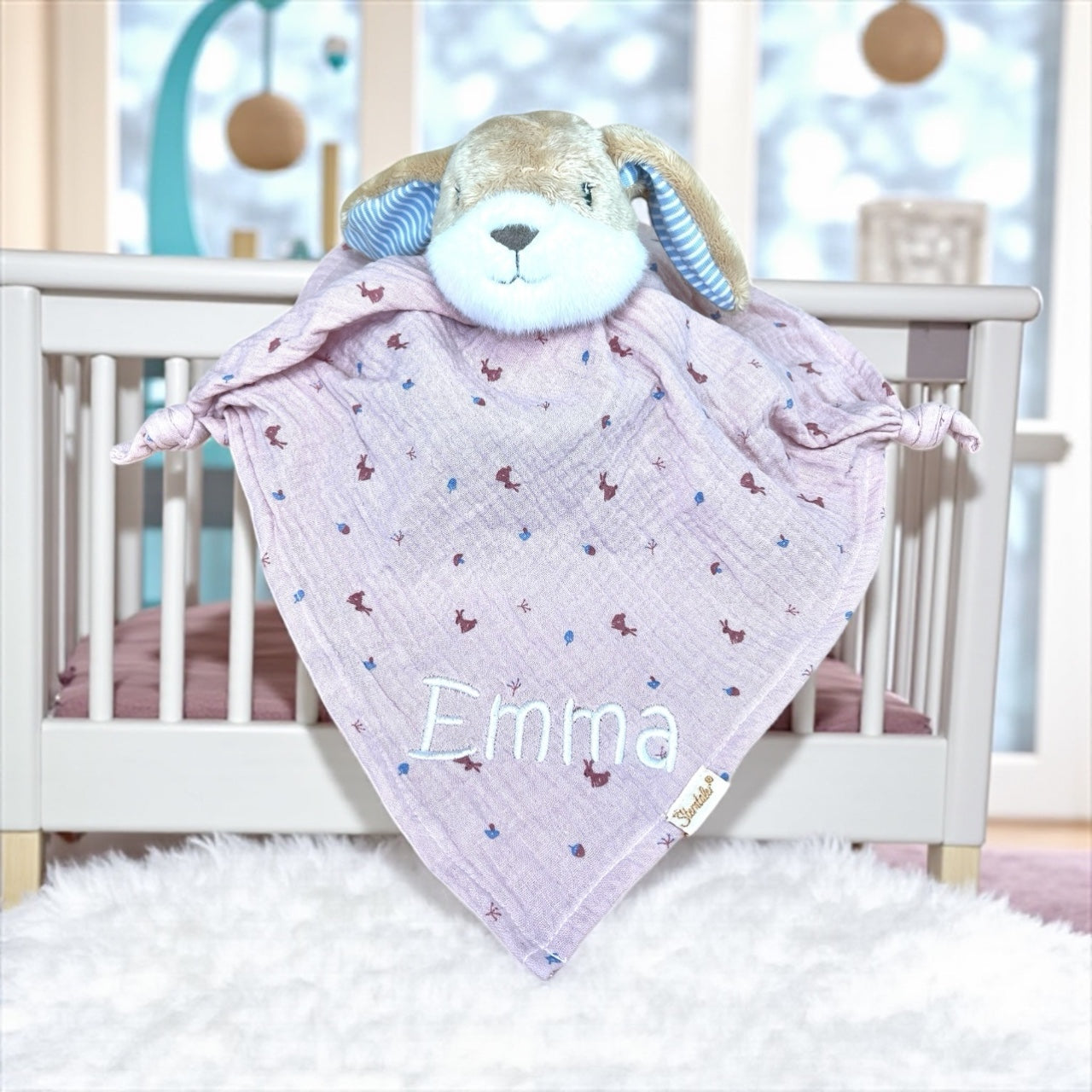 Personalisiertes Schmusetuch Hase Hanni 36 cm – süße Kuschelfreundin - Supersoftes Musselin Schnuffeltuch mit Knotendetails, Sterntaler