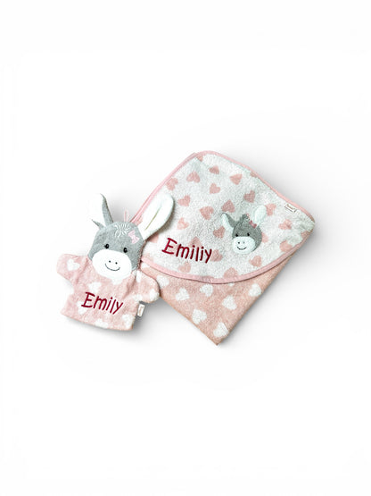 Set Esel Emmi Girl, Kapuzenhandtuch 100x100cm und Spiel-Waschhandschuh - mit Name aufgestickt, rosa, Sterntaler