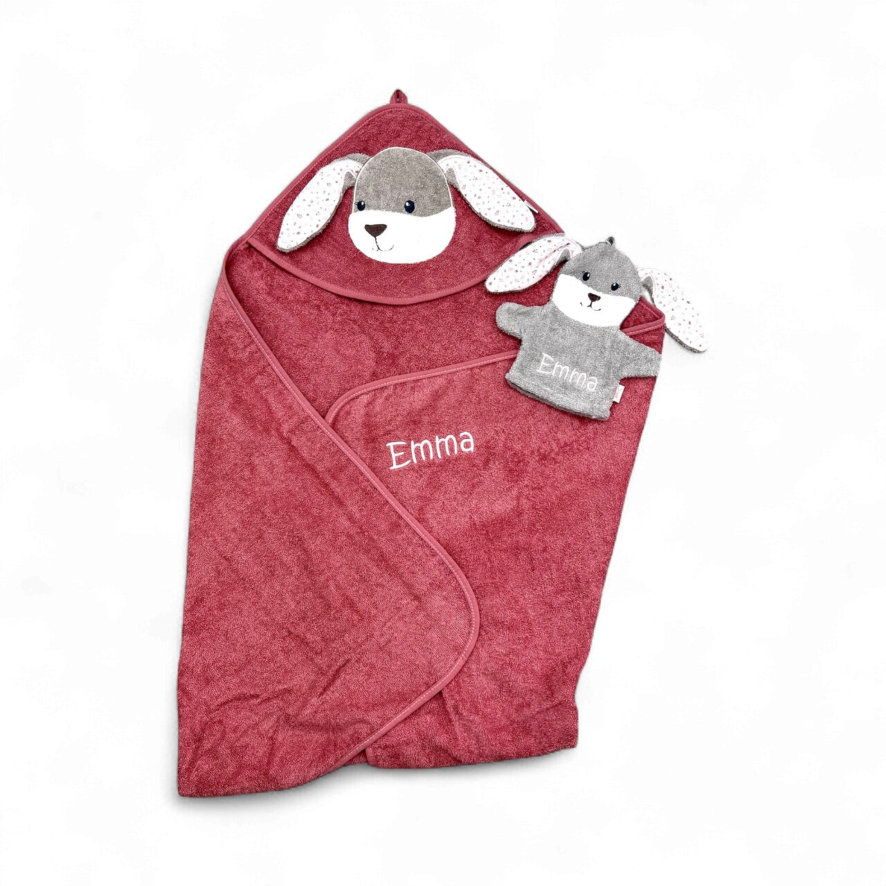 Set Hanni Hase, Kapuzenhandtuch 100x100cm und Spiel-Waschhandschuh - mit Name aufgestickt, rosa/sand, Sterntaler