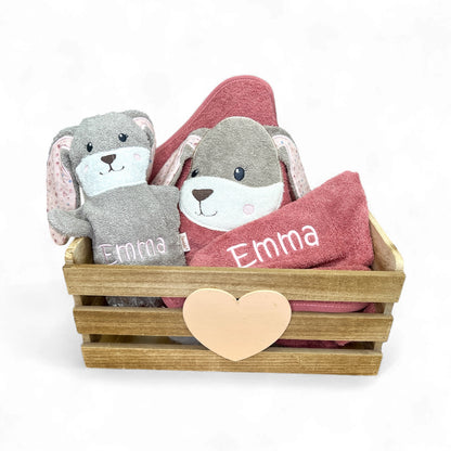 Set Hanni Hase, Kapuzenhandtuch 100x100cm und Spiel-Waschhandschuh - mit Name aufgestickt, rosa/sand, Sterntaler