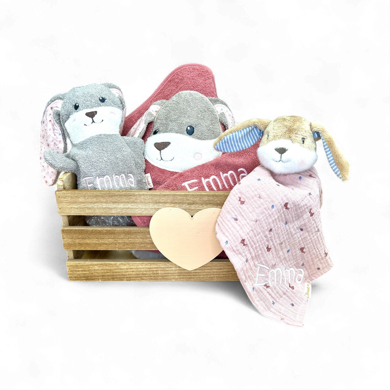 Geschenkset Hanni Hase, Kapuzenhandtuch 100x100cm, Spiel-Waschhandschuh und Schmusetuch - mit Name aufgestickt, rosa/sand, Sterntaler