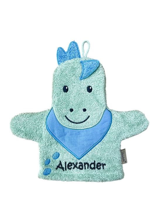 Spiel-Waschhandschuh Dino Rexi mit Name – 2-in-1 Waschlappen & Handpuppe für Babys & Kinder, grün, Sterntaler