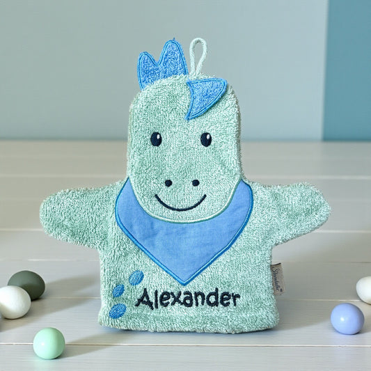 Spiel-Waschhandschuh Dino Rexi mit Name – 2-in-1 Waschlappen & Handpuppe für Babys & Kinder, grün, Sterntaler