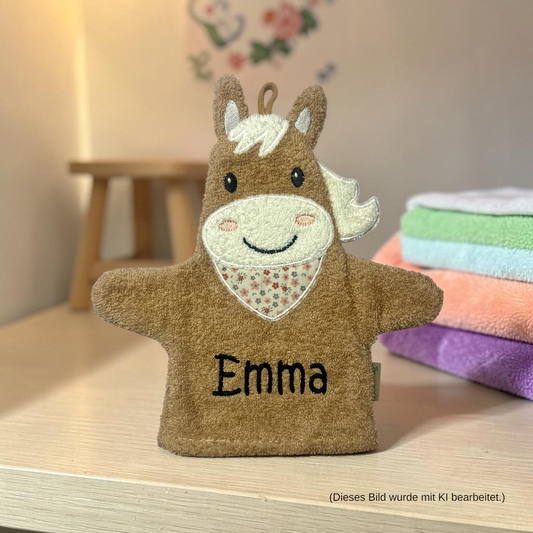 Spiel-Waschhandschuh mit Name, Pferd Sunny, Sterntaler, personalisiert