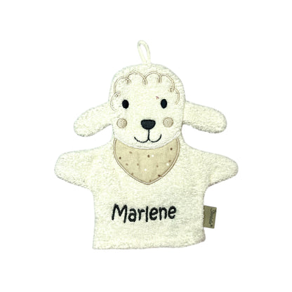 Spiel-Waschhandschuh mit Name, Schaf Flocke, Sterntaler, personalisiert