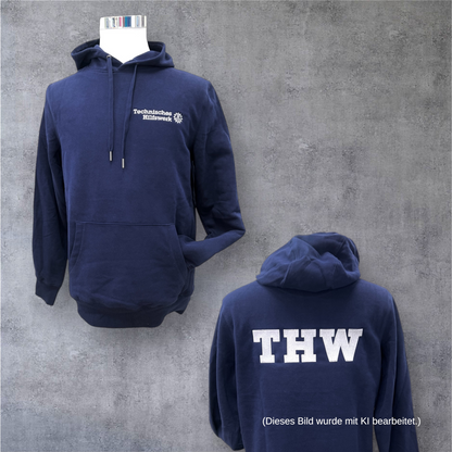 THW Hoodie, Marineblau, mit silberner oder neongelber Bestickung