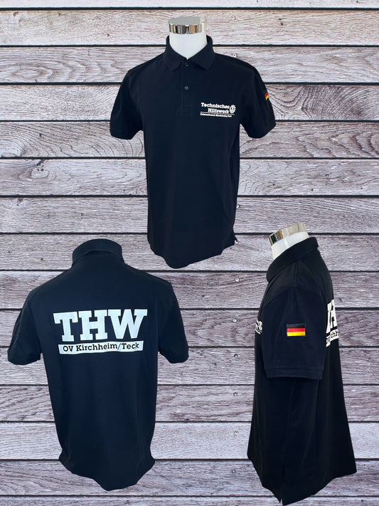 THW Poloshirt, marineblau, mit weißem, reflektierendem Druck - personalisierbar