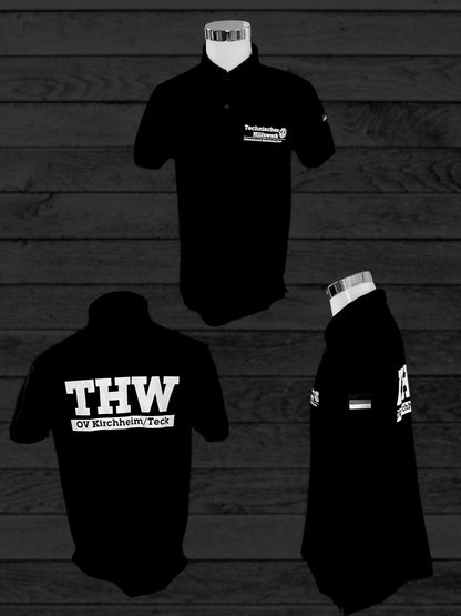 THW Poloshirt, marineblau, mit weißem, reflektierendem Druck - personalisierbar