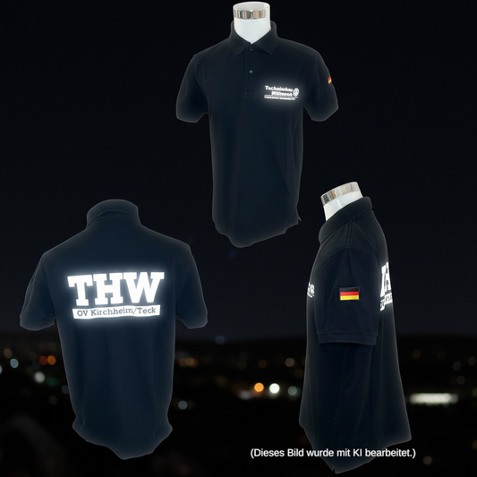 THW Poloshirt, marineblau, mit weißem, reflektierendem Druck - personalisierbar
