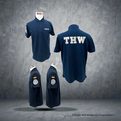 THW Polo-Shirt , marineblau, bestickt in silber oder neongelb