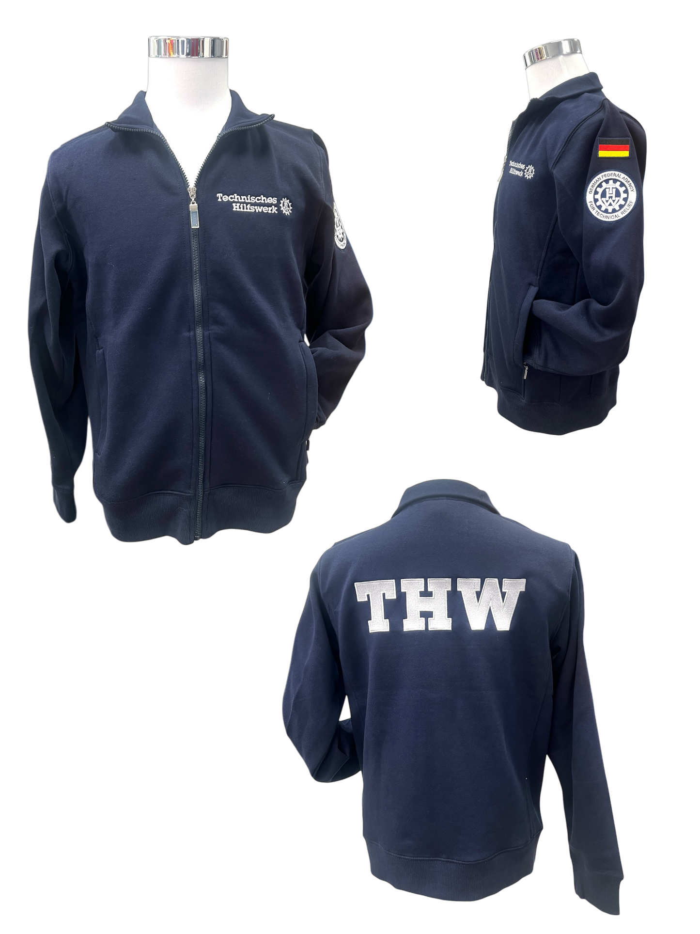 THW Sweat-Jacke, marineblau, mit neongelber oder silberner Bestickung