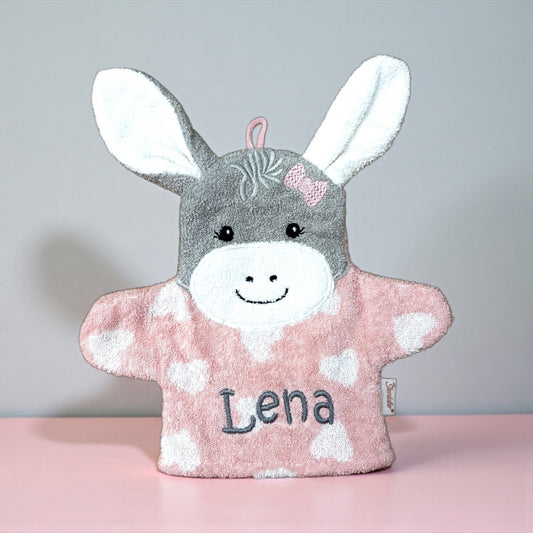 Spiel-Waschhandschuh Esel Emmi Girl mit Name – 2-in-1 Waschlappen & Handpuppe für Babys & Kinder, rosa, Sterntaler