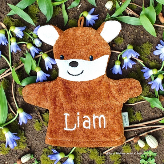 Spiel-Waschhandschuh Fuchs Filou mit Name – spielerische Reinigung & sanfte Pflege für Babys, rostrot. Sterntaler.