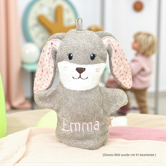 Spiel-Waschhandschuh Hanni Hase mit Name – spielerische Reinigung & sanfte Pflege für Babys, sand/rosa, Sterntaler