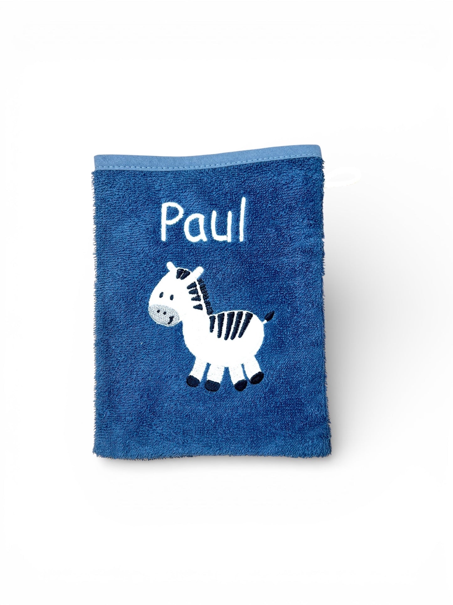 Baby Waschlappen, dunkelblau mit Zebra-Motiv und Name bestickt, aus Baumwolle