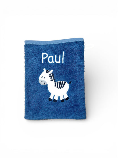 Baby Waschlappen, dunkelblau mit Zebra-Motiv und Name bestickt, aus Baumwolle