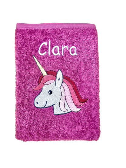 Baby Waschlappen, mauve mit Einhorn-Motiv und Name bestickt, aus Baumwolle