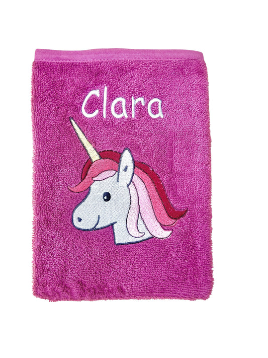 Baby Waschlappen, mauve mit Einhorn-Motiv und Name bestickt, aus Baumwolle