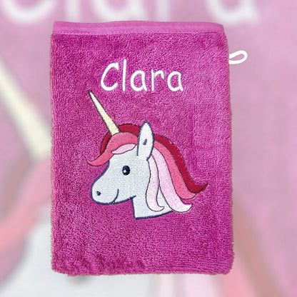 Baby Waschlappen, mauve mit Einhorn-Motiv und Name bestickt, aus Baumwolle