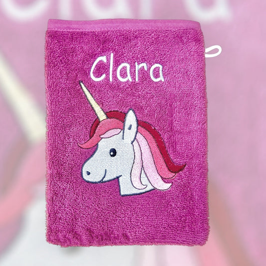 Baby Waschlappen, mauve mit Einhorn-Motiv und Name bestickt, aus Baumwolle
